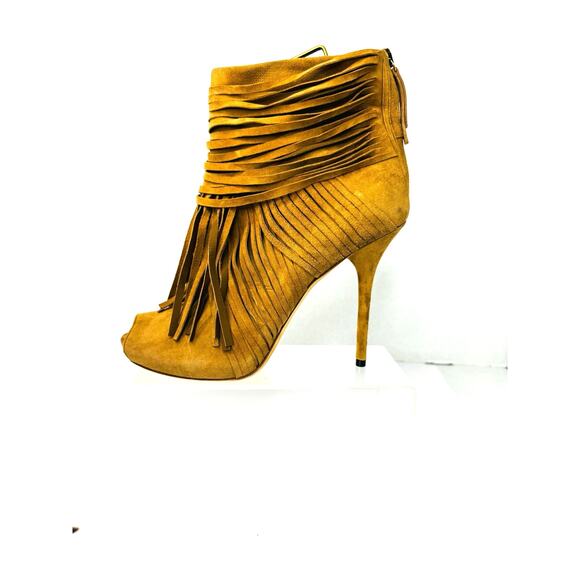 Gucci Akerman Fringe Peep Toe Ankle Boots Camel Suede Western Boho Booties 39.5 - Picture 1 of 12